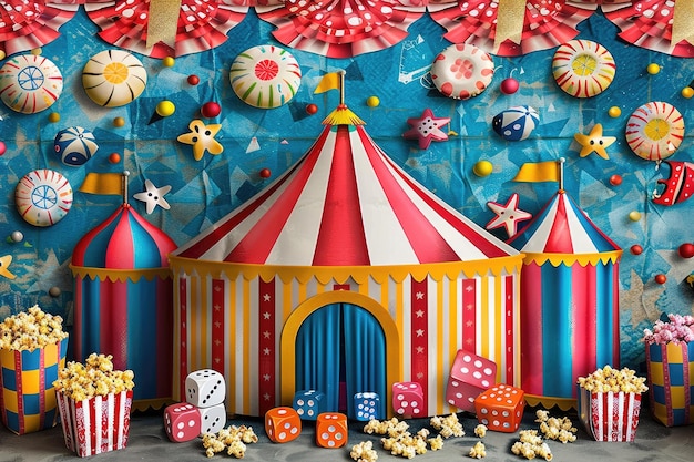 Photo a circus tent with a red box with a box of gifts on it