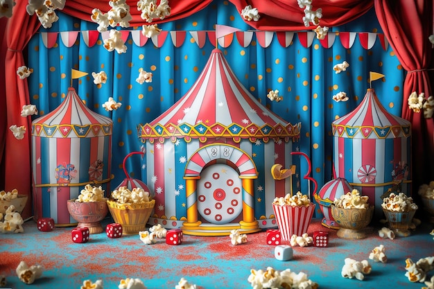 a circus tent with a red curtain and a box with popcorn on it