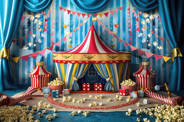 Photo a circus tent with a red and yellow canopy and the words  the word  on the top