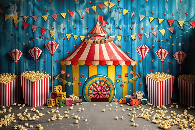 a circus tent with a red and yellow striped tent with popcorn on the floor