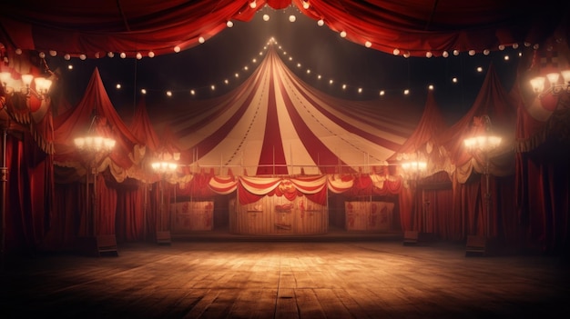 ノスタルジックな ⁇ 囲気のスタイルでステージライトとカーテンを備えたサーカステント