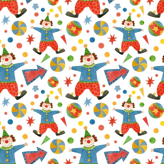 Circus watercolor seamless clown pattern for children