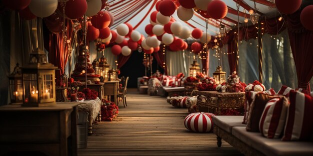 Photo a circusthemed party with striped tents wallpaper