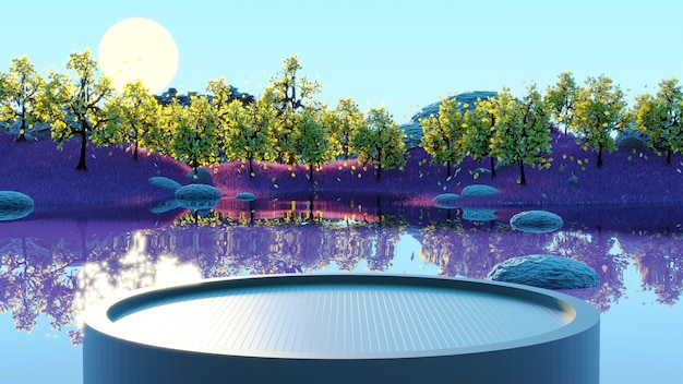 cirkel houten podium met achtergrond gele bomen en gele grassen bij meerzonsopgang 3d render
