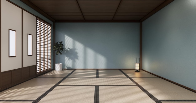 Cirkel plank muur ontwerp blauwe lege kamer japanse deisgn tatami mat vloer 3d-rendering