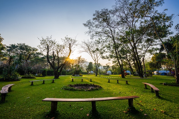 Cirkelbank en zonsopgang in het park