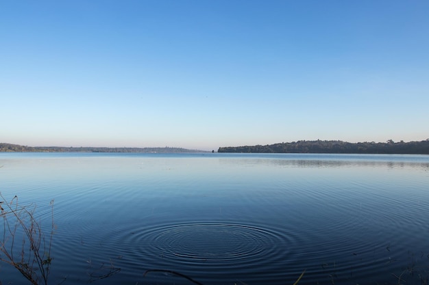 Cirkelen op het blauwe meer met blauwe lucht