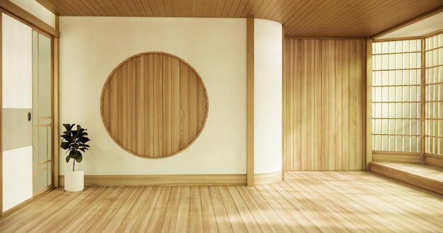 Cirkelvenster in Japanse stijl op lege kamer minimalistisch interieur