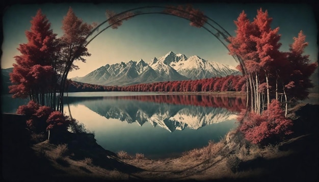 Foto cirkelvormig frame met een symmetrisch landschap