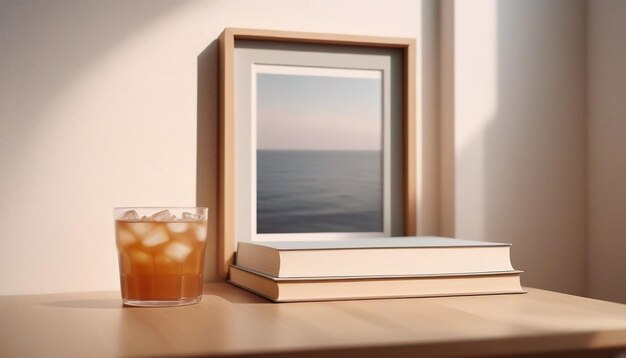 cirkelvormige doos met een boeken en drinken Scandinavische binnen en een nep foto frame op een prachtige muur