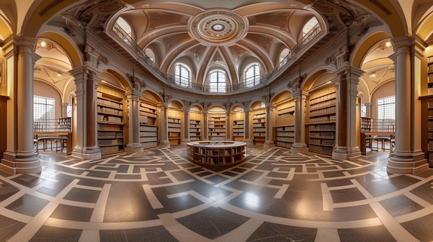 Cirkelvormige tafel in de Grand University Library Panoramische weergave