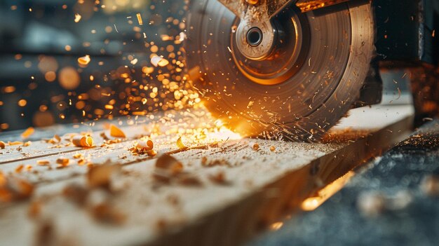 Cirkelzaag snijdt hout close-up van een timmerman die een cirkelzaag gebruikt om een grote houten plank te snijden