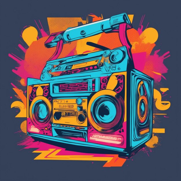 Cisually stunning tshirt graphic design with a flat illustration of a retro classic boombox