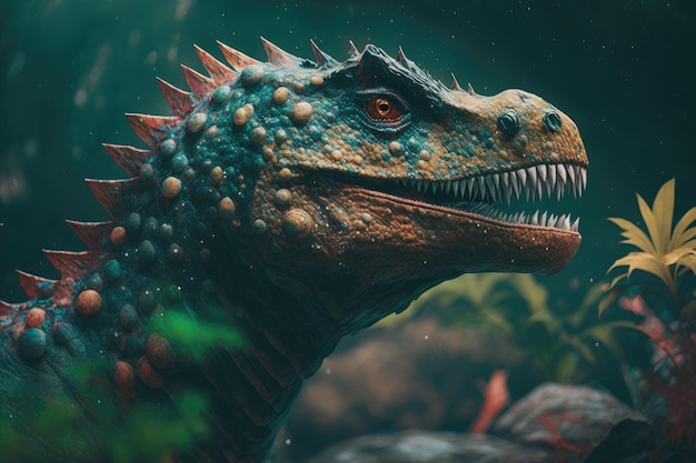 Citipati kleurrijke gevaarlijke dinosaurus in weelderige prehistorische natuur door Generative AI