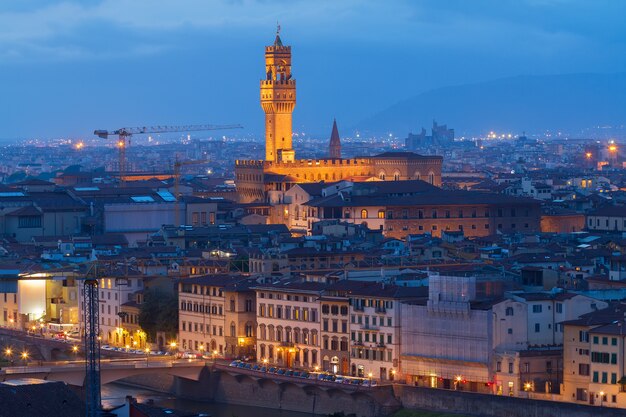 Citiscape with Palazzo Vecchio illuminated at night, Florence,  Tuscany, Italy