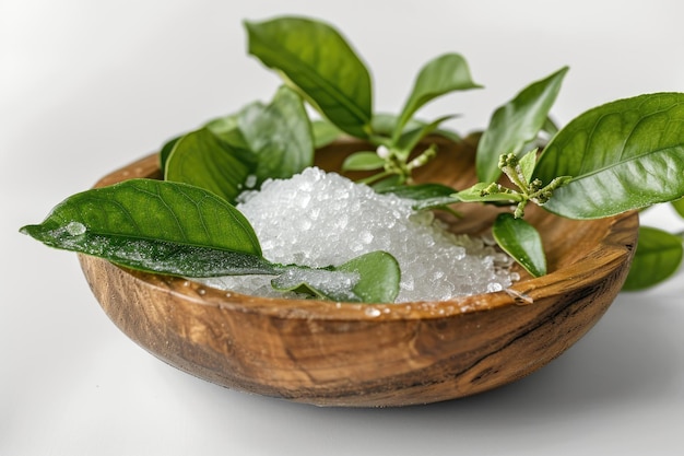 Citric Acid in Wooden Plate with Green Leaves