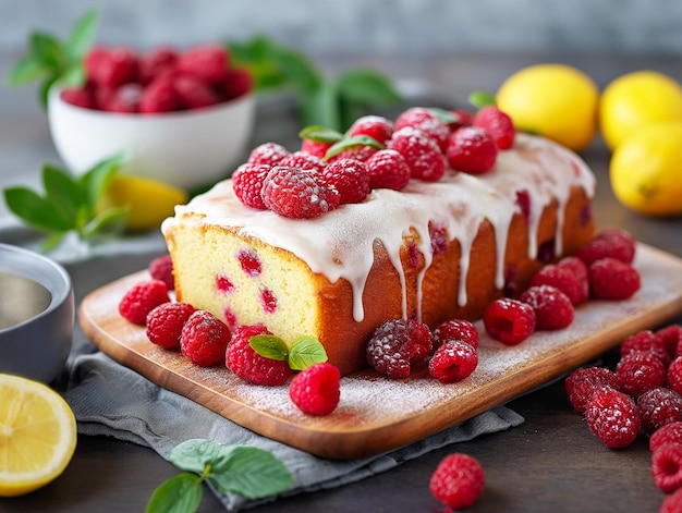 Citroen bundt cake met verse frambozen en muntbladeren