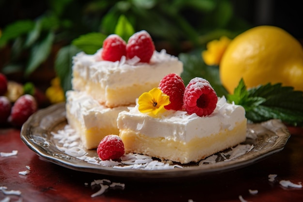 Citroen pie vierkanten bekroond met raspberries zelfgemaakt dessert