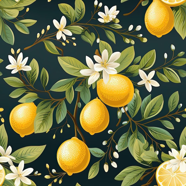 Citroenen met citroenen en bloemen op een donkere achtergrond Vector illustratie