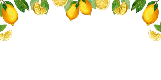 Citroenen rechthoekig frame bovenop gele citroenen en groene bladeren citroensnijden alle elementen zijn hand