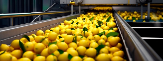 Foto citroenen tape in de voedingsindustrie producten klaar voor automatisch verpakken concept met geautomatiseerde voedselproductie generatieve ai