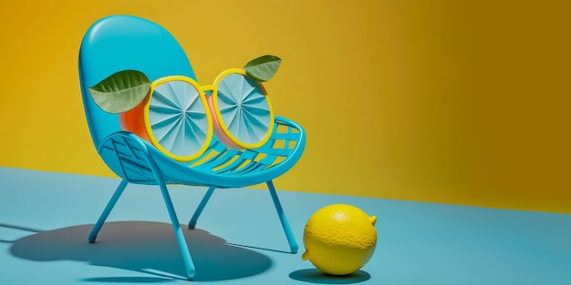 Citroenfruit chillen in strandstoel op de blauwe en gele achtergrond Art direction Zonnebril op citroen met groen blad relaxen op de zonnebank Creatieve kunst minimaal esthetisch Generatieve AI