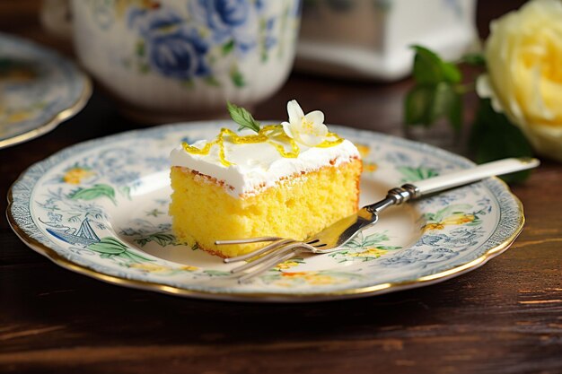 Foto citroentaart gesneden op een wit dessertplaatje met citroenbalsembladeren