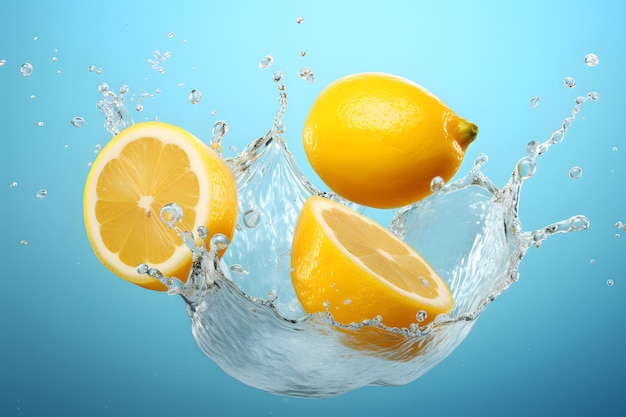 citroenvruchten die in de showcaseillustratie van het waterproduct vallen