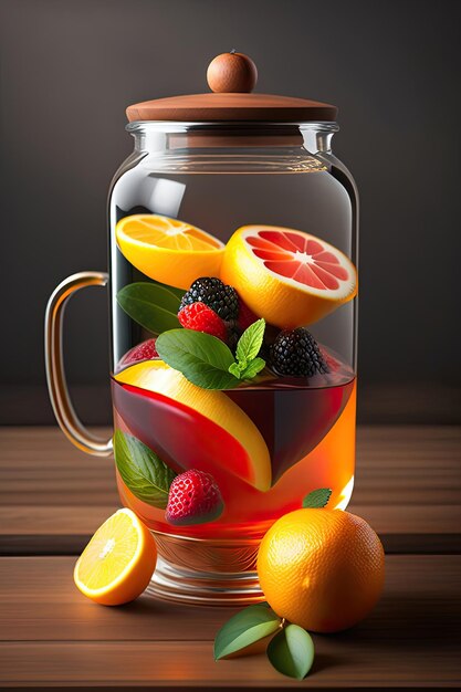 Citrus and berry tea with berries lemon oranges and thyme in a glass teapot on dark wooden table