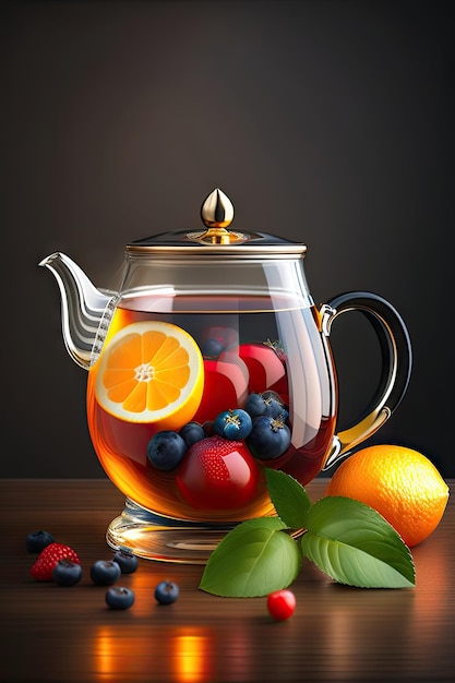 Citrus and berry tea with berries lemon oranges and thyme in a glass teapot on dark wooden table