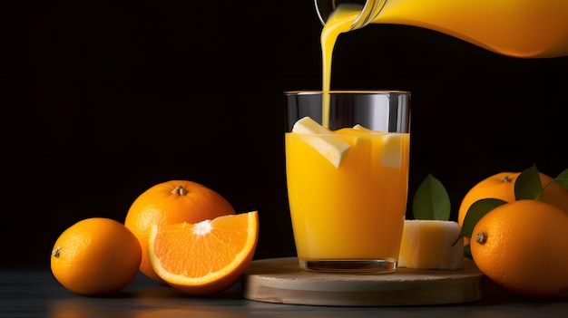 Citrus Burst Orange Juice Pouring into a Glass with Fresh Oranges on a Wooden Table Closeup