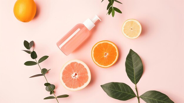 Citrus cosmetic products on pink background Flat lay top view