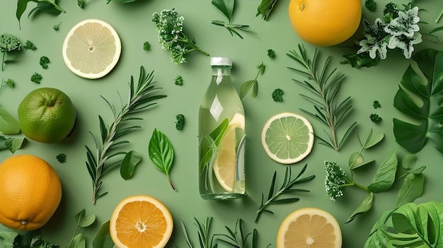 Photo citrus fruit bottle surrounded by herbs and fresh fruits