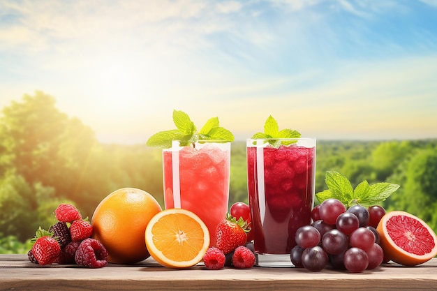 Citrus fruit and a glass of juice on a wooden table