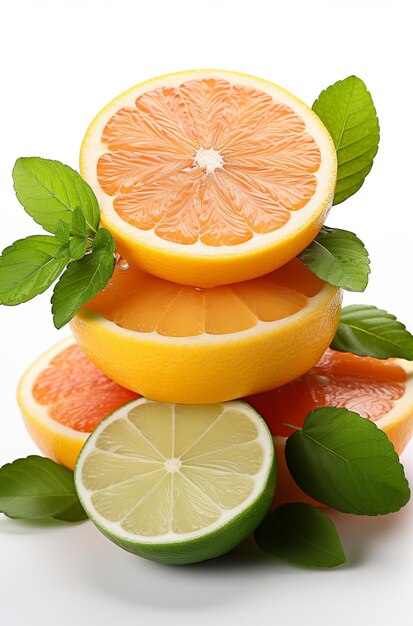 Citrus fruit slices standing on a white background