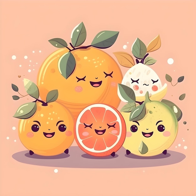 Citrus fruits cute laughing cartoon characters