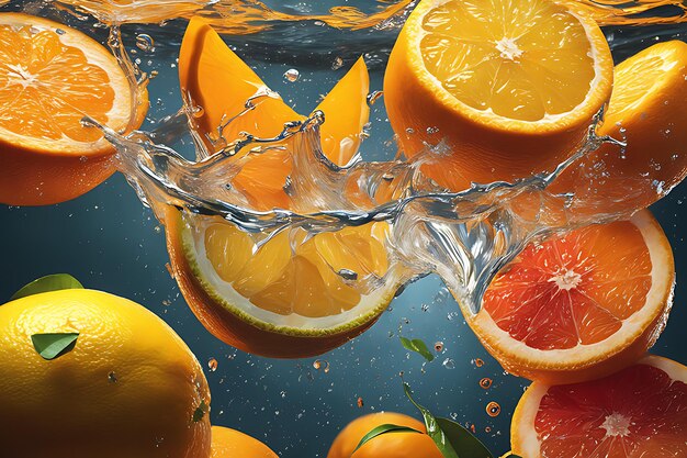 Citrus fruits falling into water hyperdetailed trending on artstation sharp focus studio photo