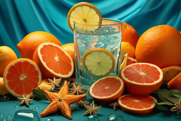 Photo citrus fruits and ice cubes on blue satin background ai generated