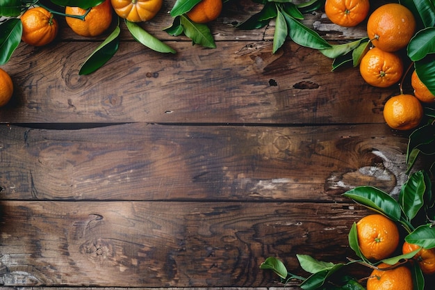 Citrus fruits with green leaves on wooden background