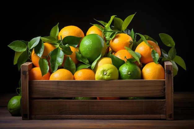 Citrus fruits in a wooden crate on dark background generative ai illustration