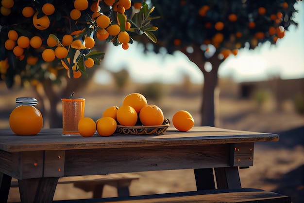 Citrus fruits on a wooden table in the gardengenerative ai