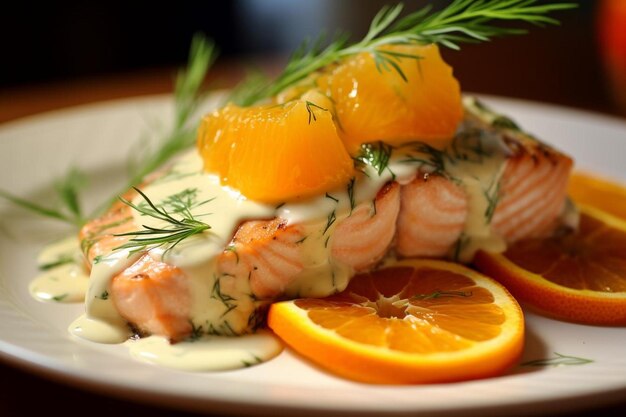 Foto citrus geroosterde zalm met dille saus zondag geroosterd dessert close up