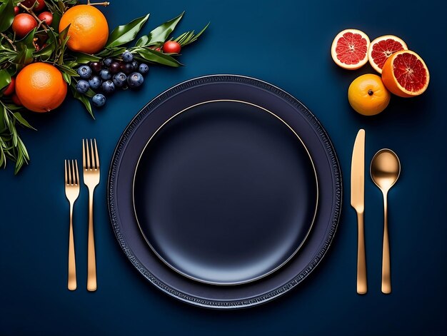 Photo citrus grapefruit blueberries table setting blue table cloth