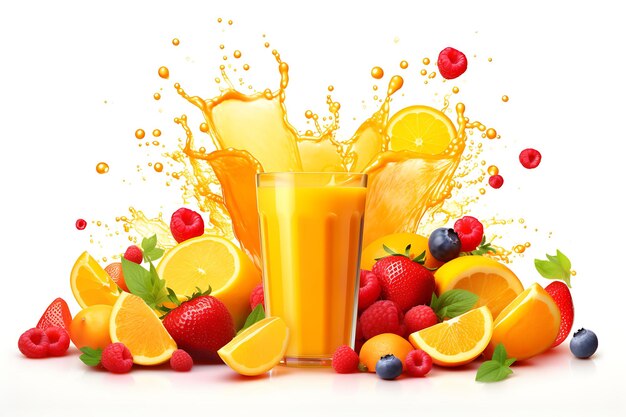 Citrus juice colored composition with realistic fresh fruits and splash of juice on white background