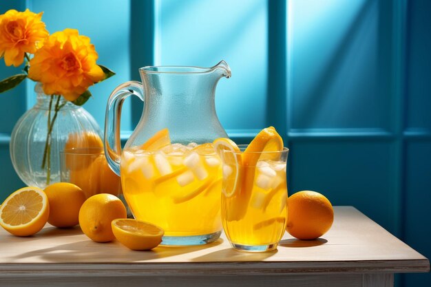 Photo citrus lemonade in glass and pitcher of citrus around on yellow fabric on white wooden table closeup