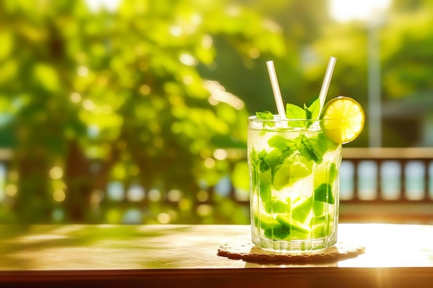 Citrus lemonade with lemon mint and ice cubes in glass on wooden table on blurred garden background