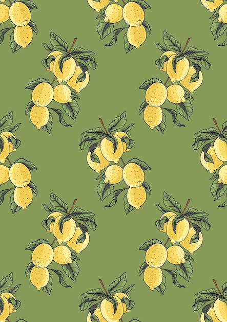 Citrus pattern Summer fruit Lemon branches on green background Illustration for wrapping covering