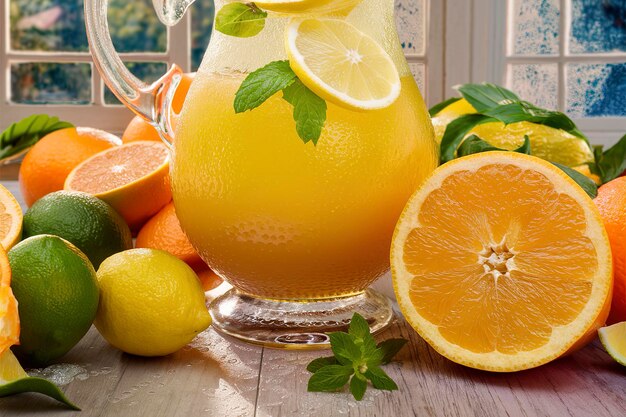 Citrus sap in kruik en verse citrusvruchten
