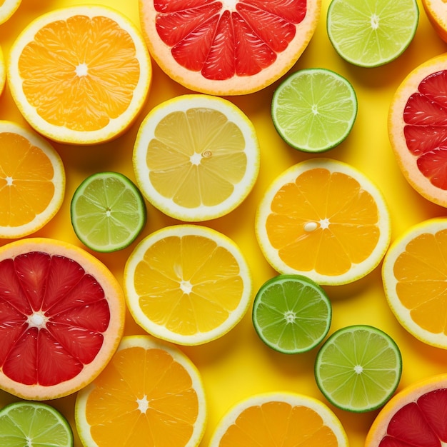 citrus slices are lying on top of yellow background