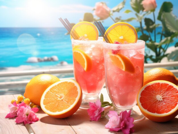Citrus smoothie drink on tropical background
